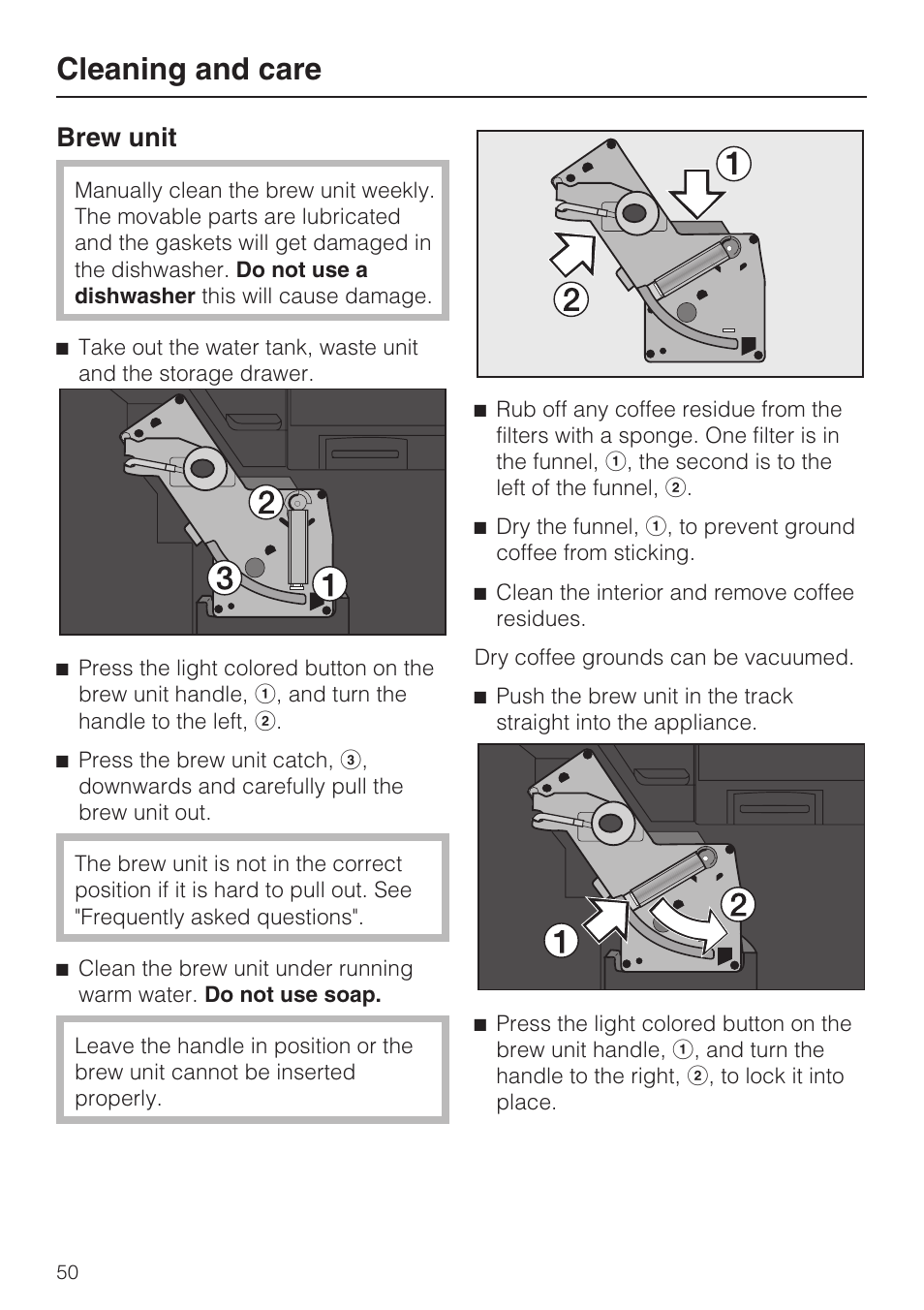 Cleaning and care, Brew unit | Miele COFFEE SYSTEM WITH CONVERTIBLE WATER CONNECTION CVA 4066 User Manual | Page 50 / 72