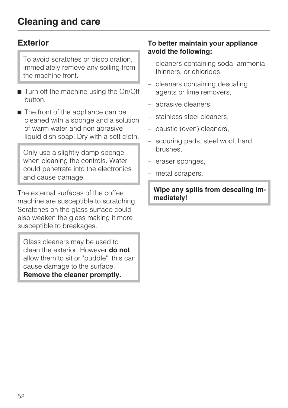 Cleaning and care, Exterior | Miele COFFEE SYSTEM WITH CONVERTIBLE WATER CONNECTION CVA 4066 User Manual | Page 52 / 72