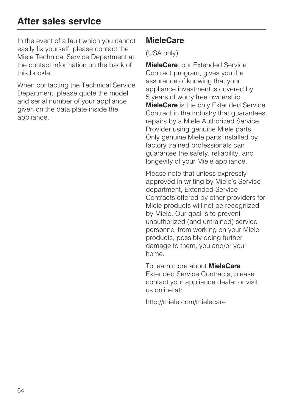 After sales service 64, After sales service, Mielecare | Miele COFFEE SYSTEM WITH CONVERTIBLE WATER CONNECTION CVA 4066 User Manual | Page 64 / 72