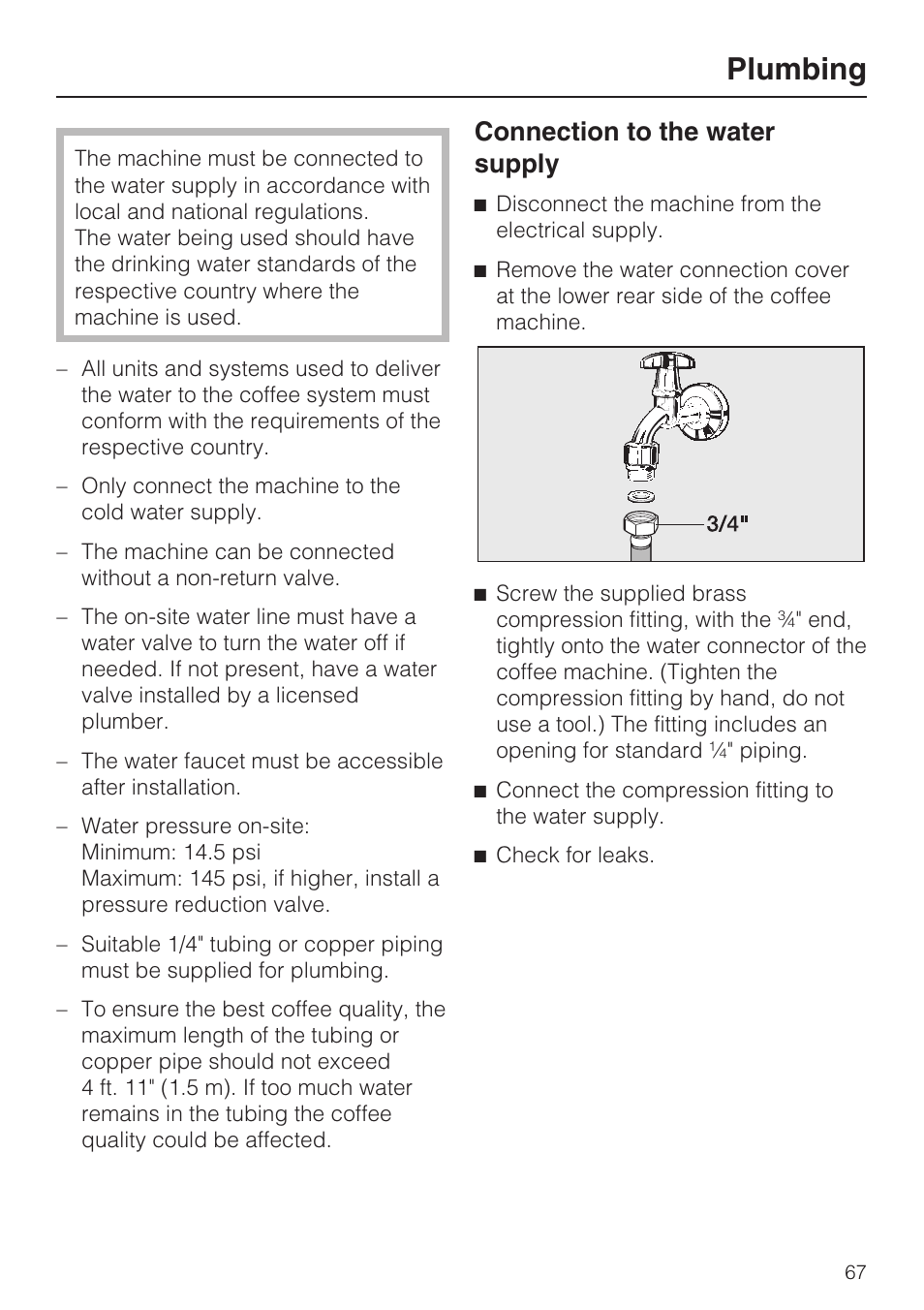 Plumbing 67, Plumbing, Connection to the water supply | Miele COFFEE SYSTEM WITH CONVERTIBLE WATER CONNECTION CVA 4066 User Manual | Page 67 / 72