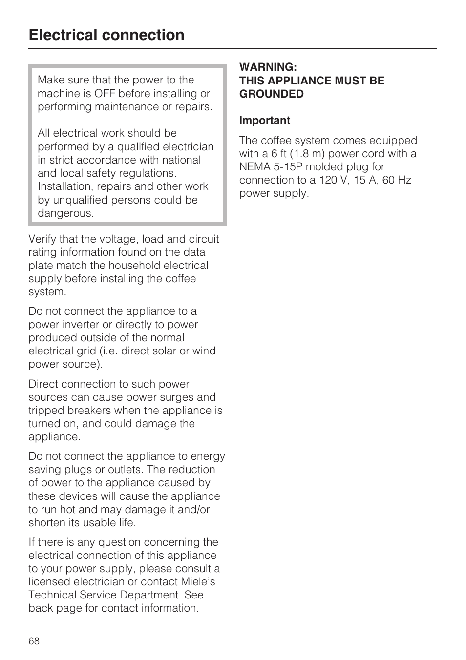 Electrical connection 68, Electrical connection | Miele COFFEE SYSTEM WITH CONVERTIBLE WATER CONNECTION CVA 4066 User Manual | Page 68 / 72