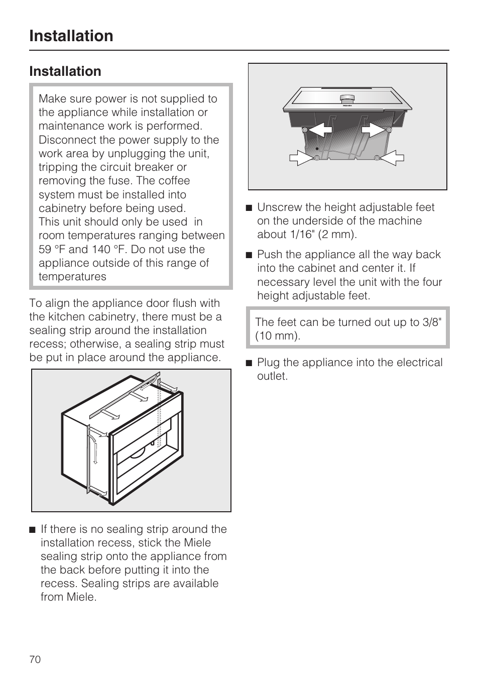 Installation | Miele COFFEE SYSTEM WITH CONVERTIBLE WATER CONNECTION CVA 4066 User Manual | Page 70 / 72
