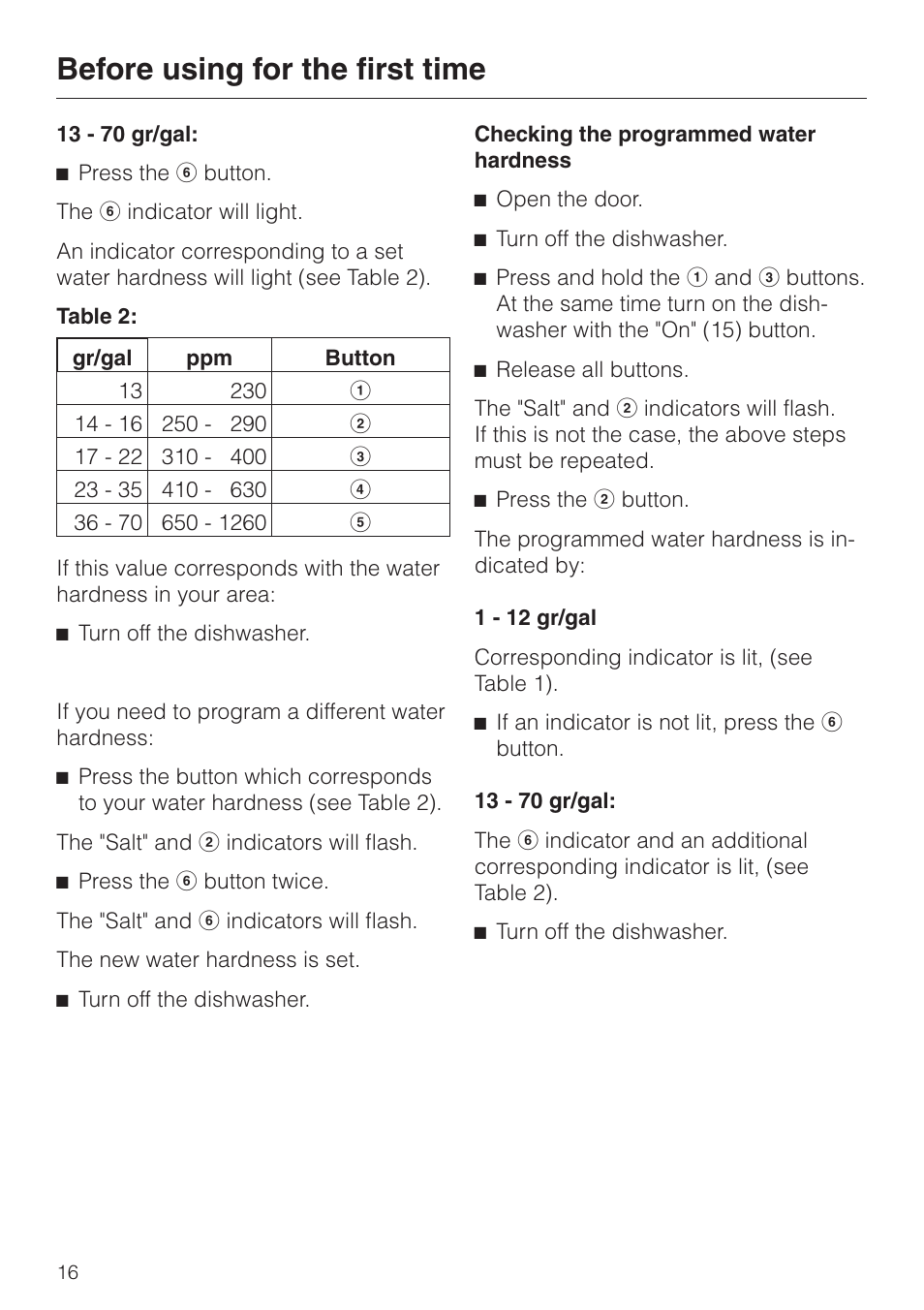 Checking the programmed water hardness 16, Checking the programmed water hardness, Before using for the first time | Miele G843SCVI User Manual | Page 16 / 52