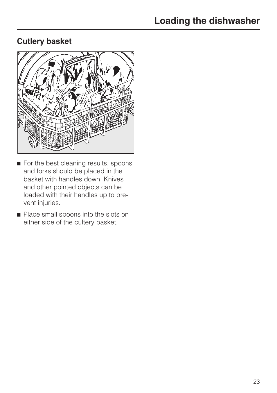 Cutlery basket 23, Cutlery basket, Loading the dishwasher | Miele G843SCVI User Manual | Page 23 / 52