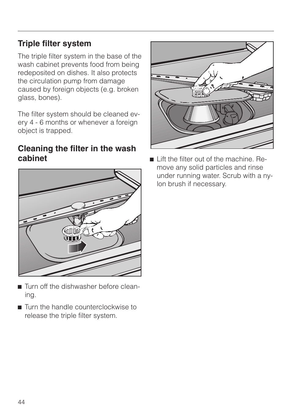 Cleaning the filter in the wash cabinet 44, Cleaning the filter in the wash cabinet, Triple filter system | Miele G843SCVI User Manual | Page 44 / 52