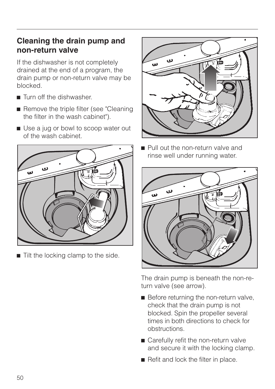 Cleaning the drain pump and non-return valve 50, Cleaning the drain pump and non-return valve | Miele G843SCVI User Manual | Page 50 / 52