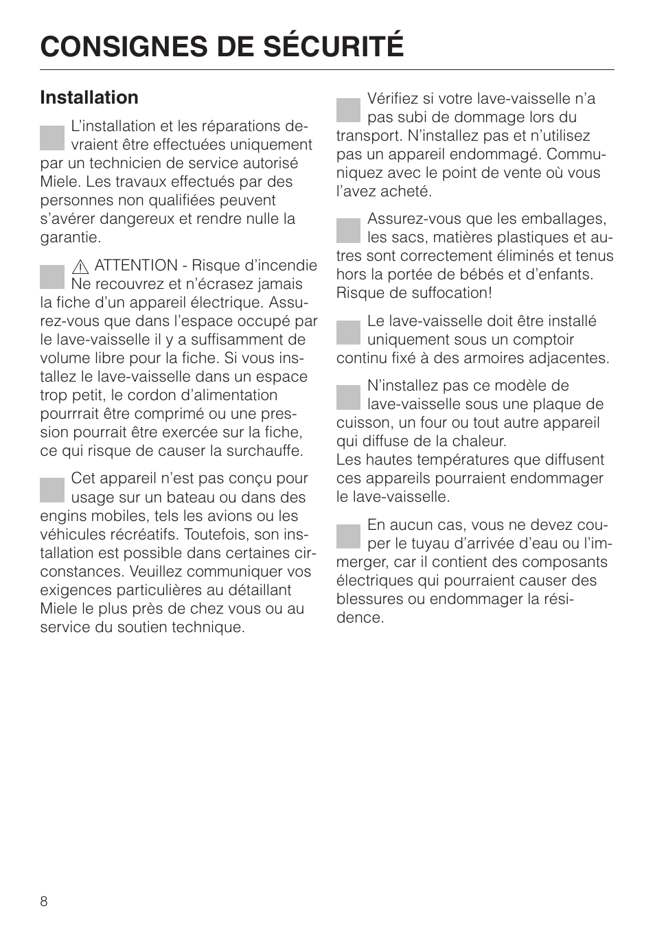 Consignes de sécurité, Installation | Miele G843SCVI User Manual | Page 8 / 52