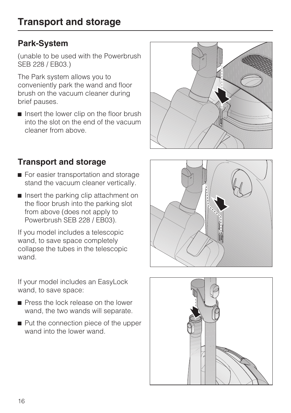 Park-system, Transport and storage | Miele Olympus S 2000 User Manual | Page 16 / 96