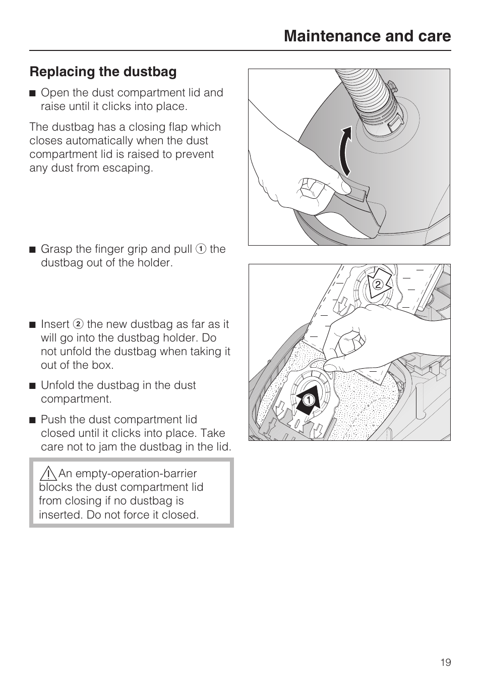 Maintenance and care, Replacing the dustbag | Miele Olympus S 2000 User Manual | Page 19 / 96