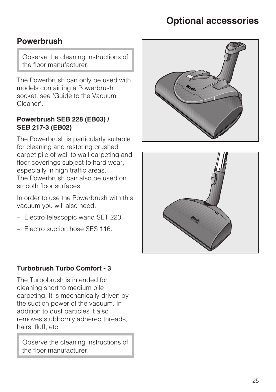 Optional accessories, Powerbrush | Miele Olympus S 2000 User Manual | Page 25 / 96