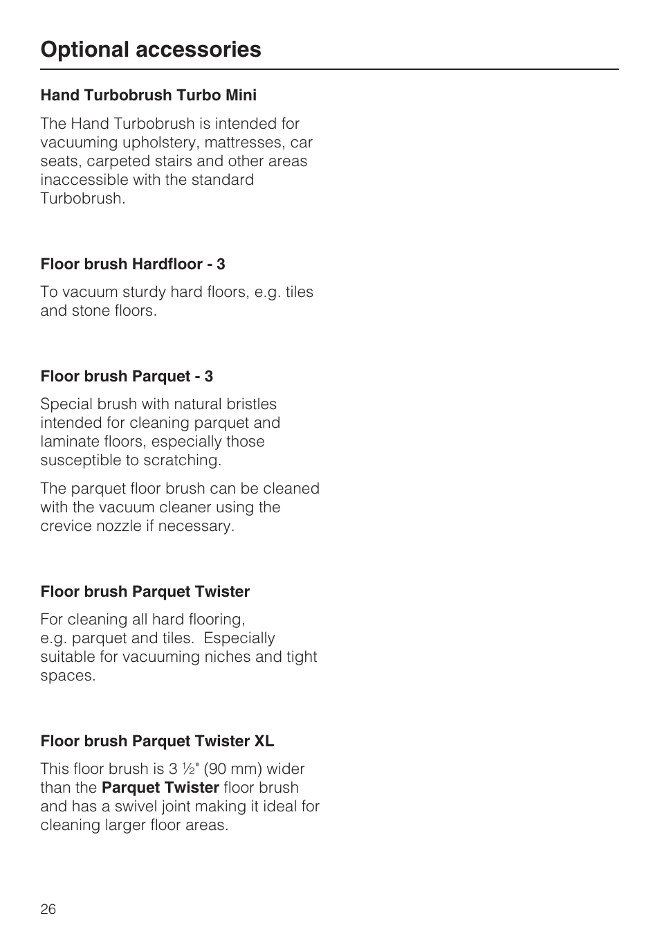 Optional accessories | Miele Olympus S 2000 User Manual | Page 26 / 96