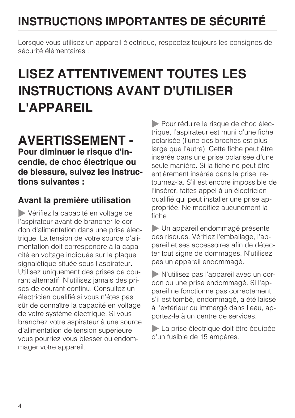 Instructions importantes de sécurité | Miele Olympus S 2000 User Manual | Page 36 / 96
