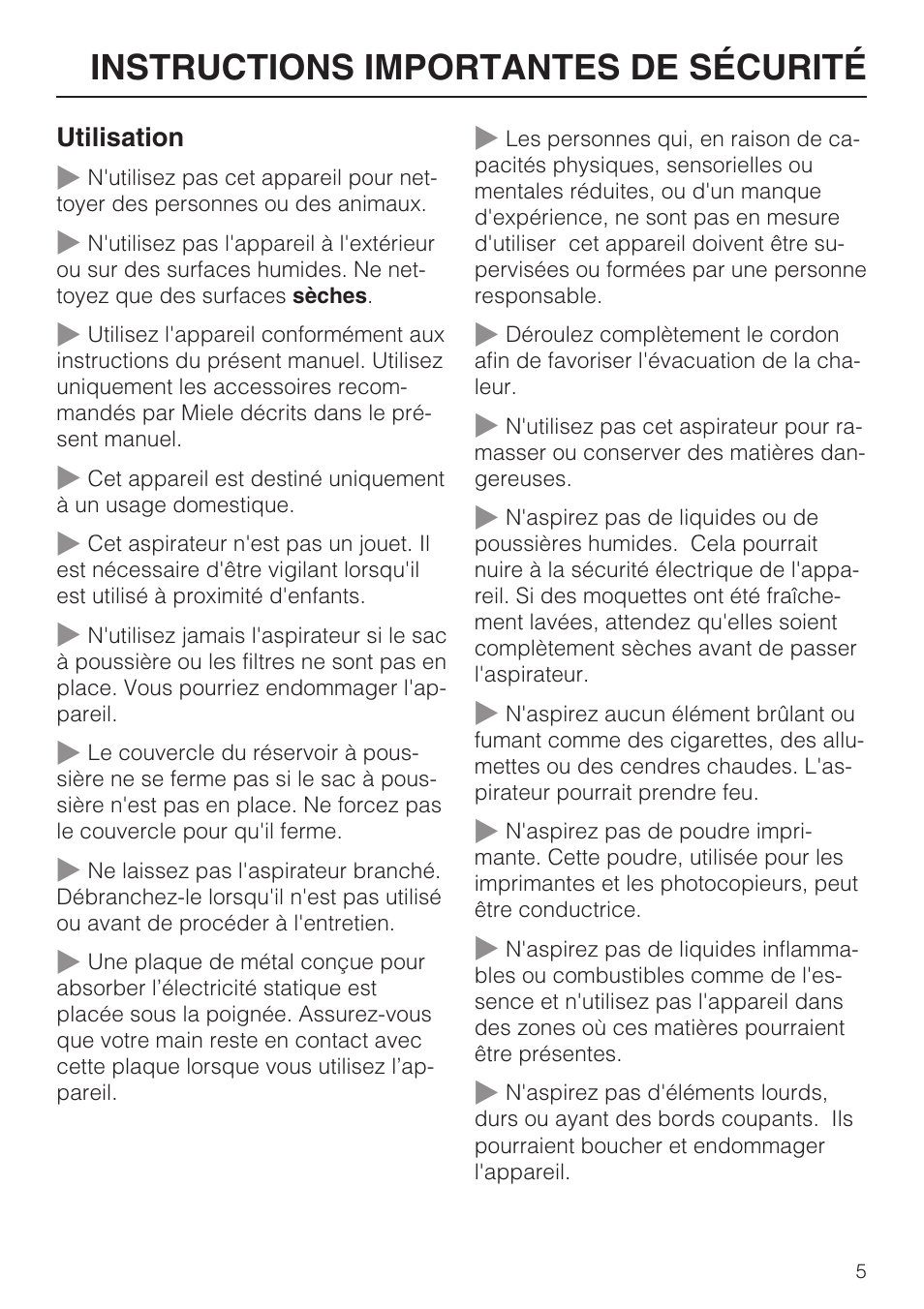 Instructions importantes de sécurité | Miele Olympus S 2000 User Manual | Page 37 / 96