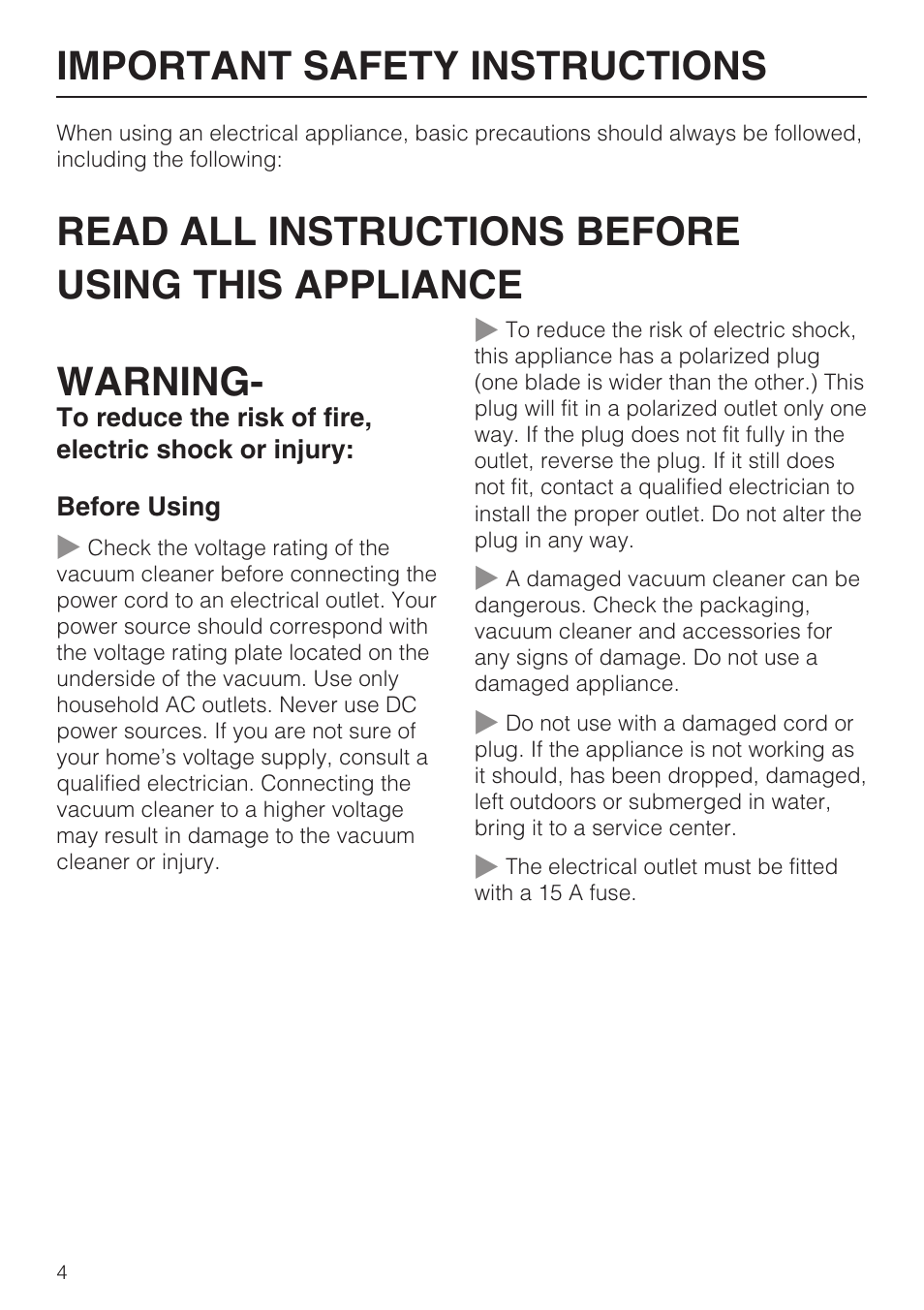 Important safety instructions | Miele Olympus S 2000 User Manual | Page 4 / 96