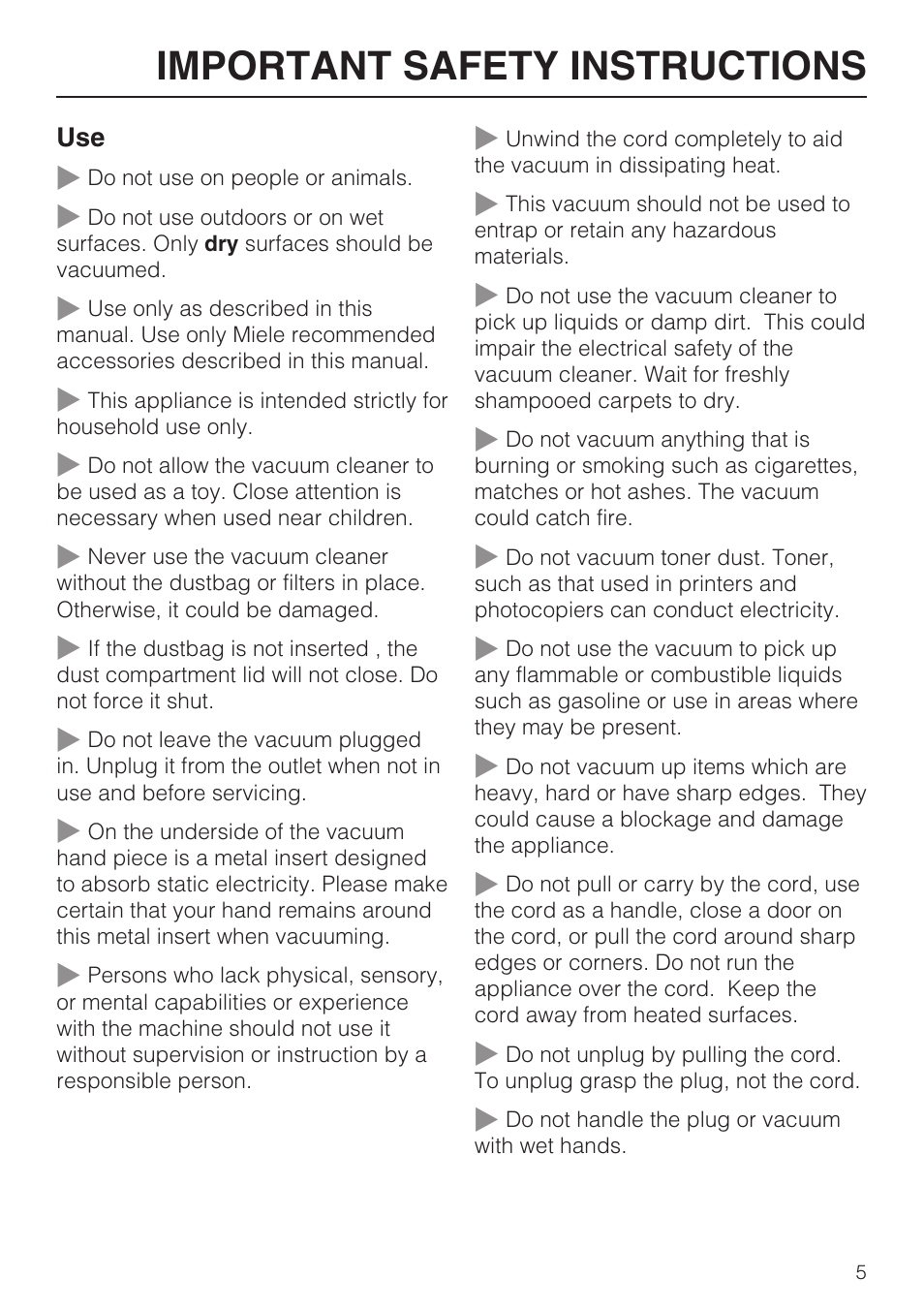 Important safety instructions | Miele Olympus S 2000 User Manual | Page 5 / 96