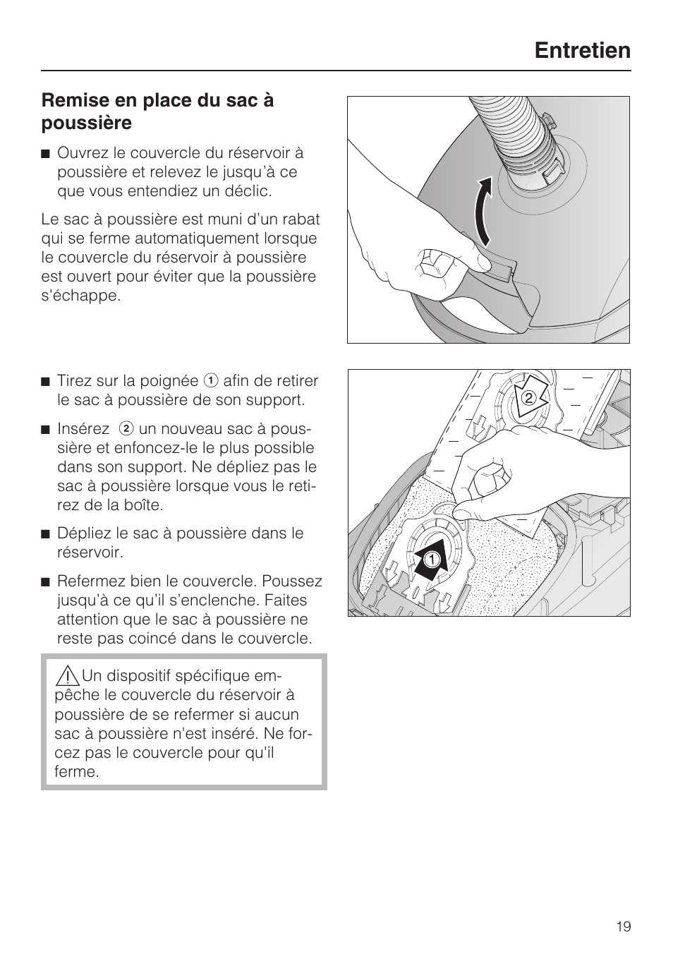Entretien, Remise en place du sac à poussière | Miele Olympus S 2000 User Manual | Page 51 / 96