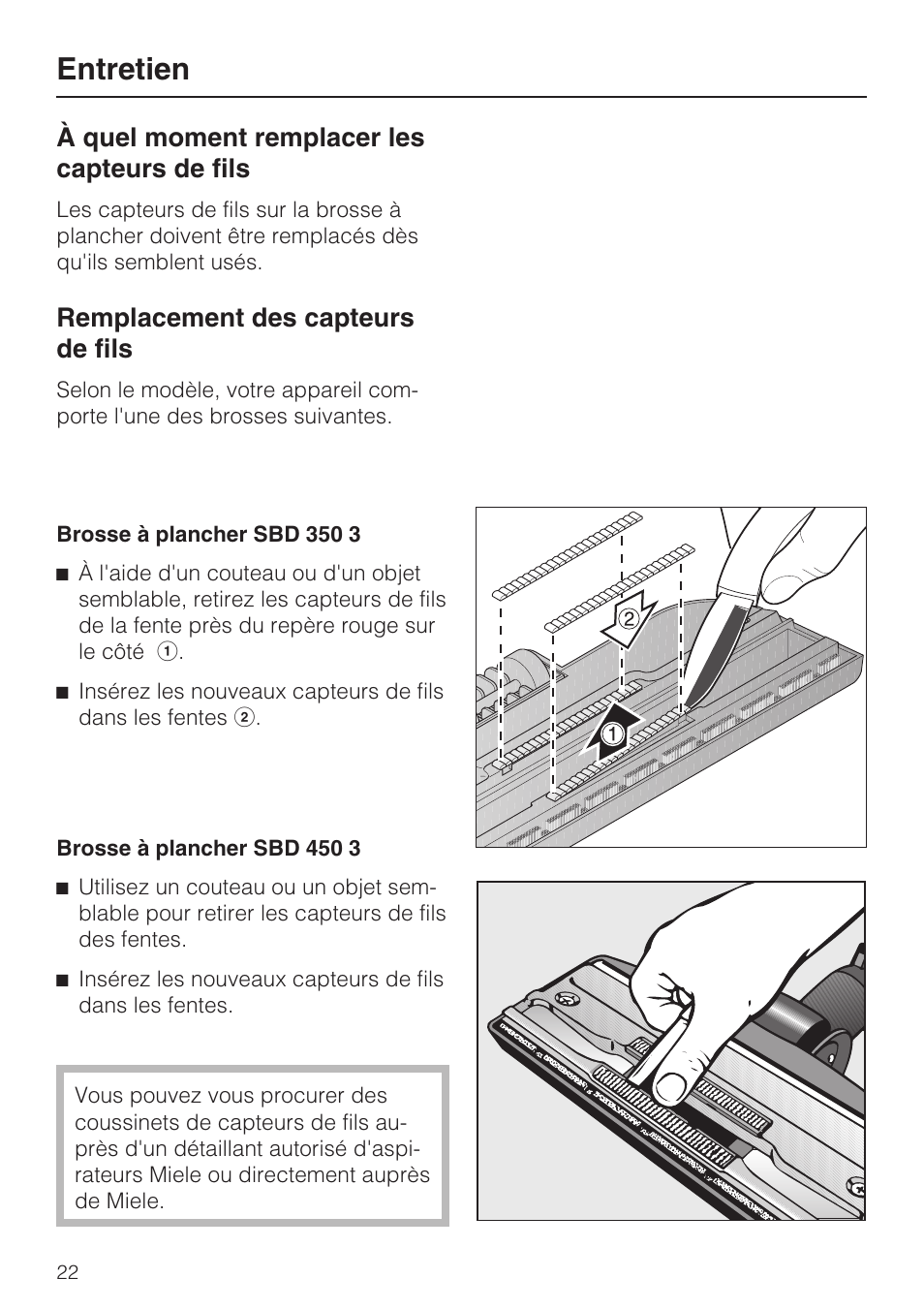 Entretien, À quel moment remplacer les capteurs de fils, Remplacement des capteurs de fils | Miele Olympus S 2000 User Manual | Page 54 / 96