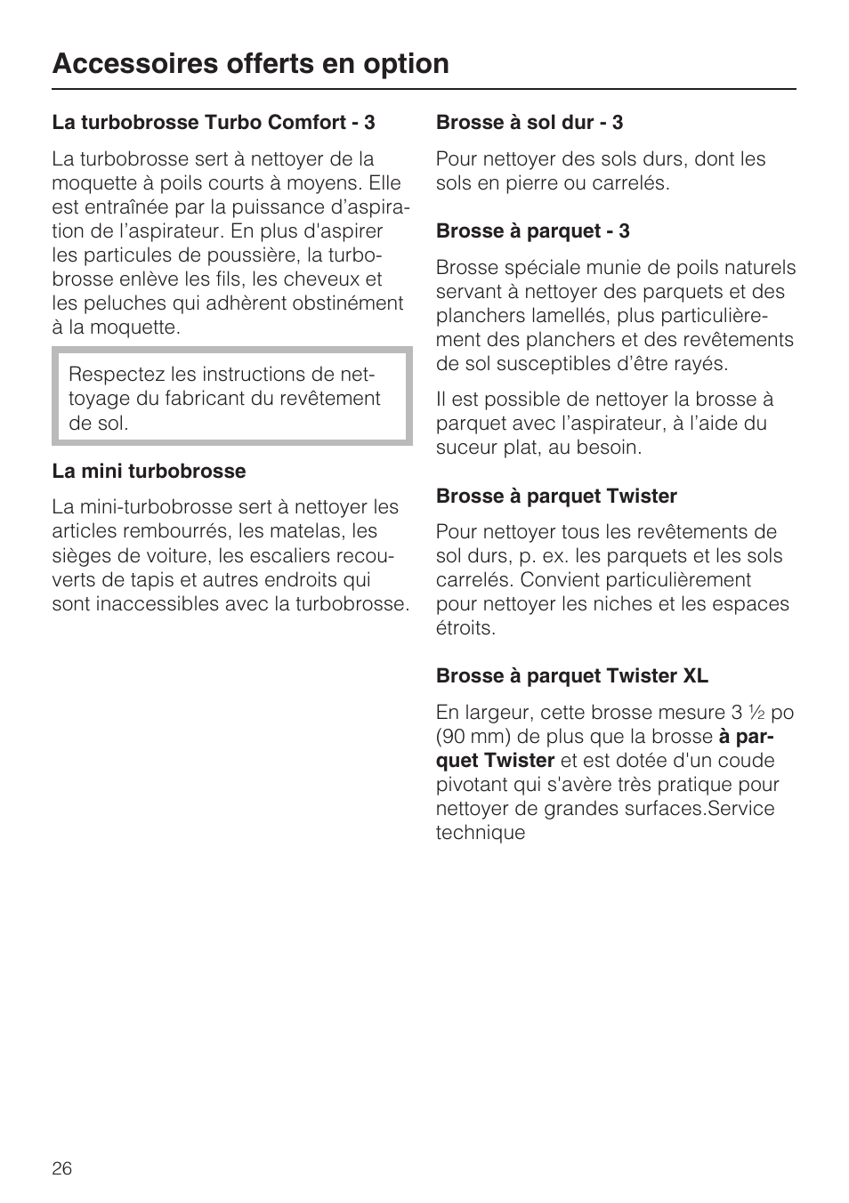 Accessoires offerts en option | Miele Olympus S 2000 User Manual | Page 58 / 96