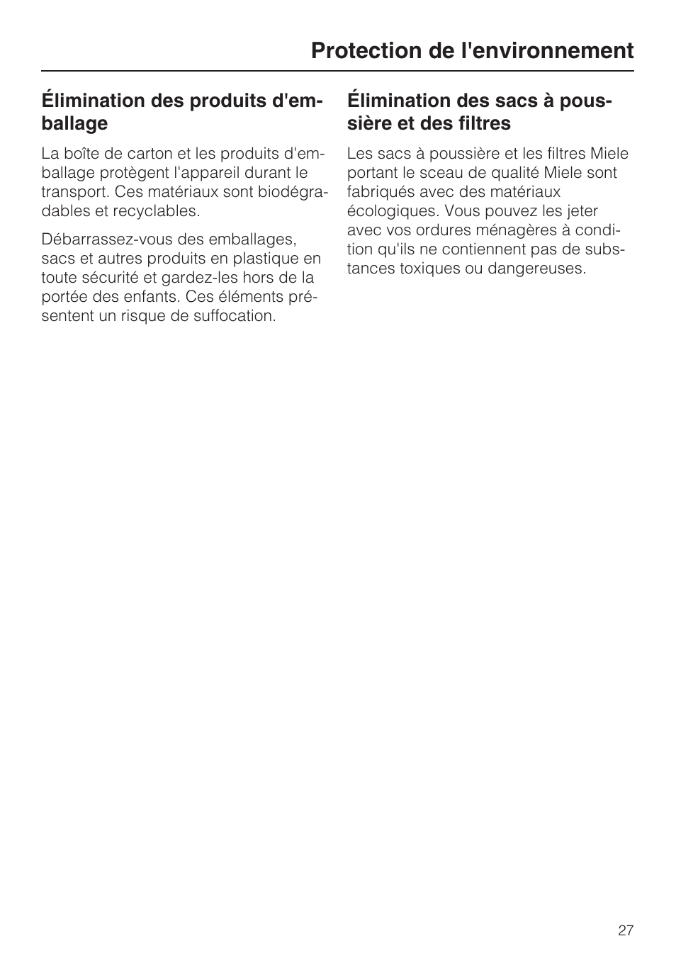 Protection de l'environnement | Miele Olympus S 2000 User Manual | Page 59 / 96