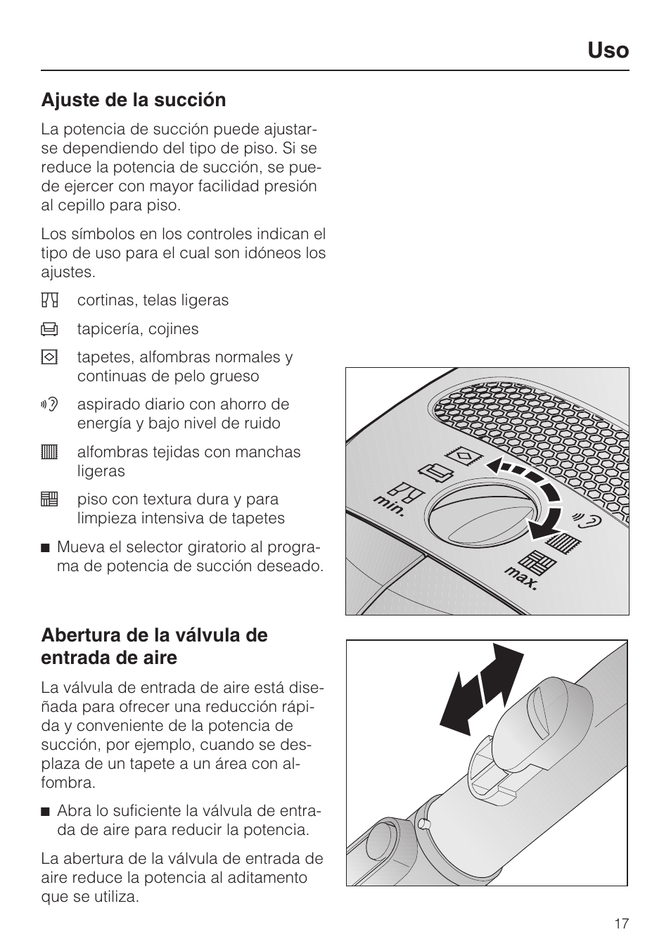 Ajuste de la succión, Abertura de la válvula de entrada de aire | Miele Olympus S 2000 User Manual | Page 77 / 96