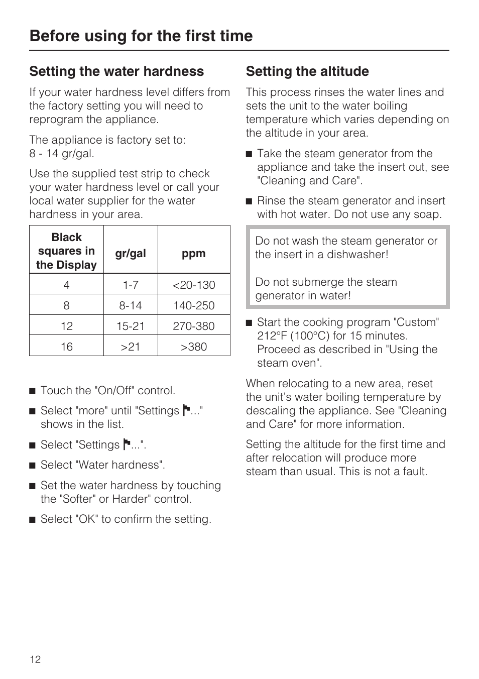 Before using for the first time 12, Setting the water hardness 12, Setting the altitude 12 | Before using for the first time, Setting the water hardness, Setting the altitude | Miele DG 4088 User Manual | Page 12 / 56