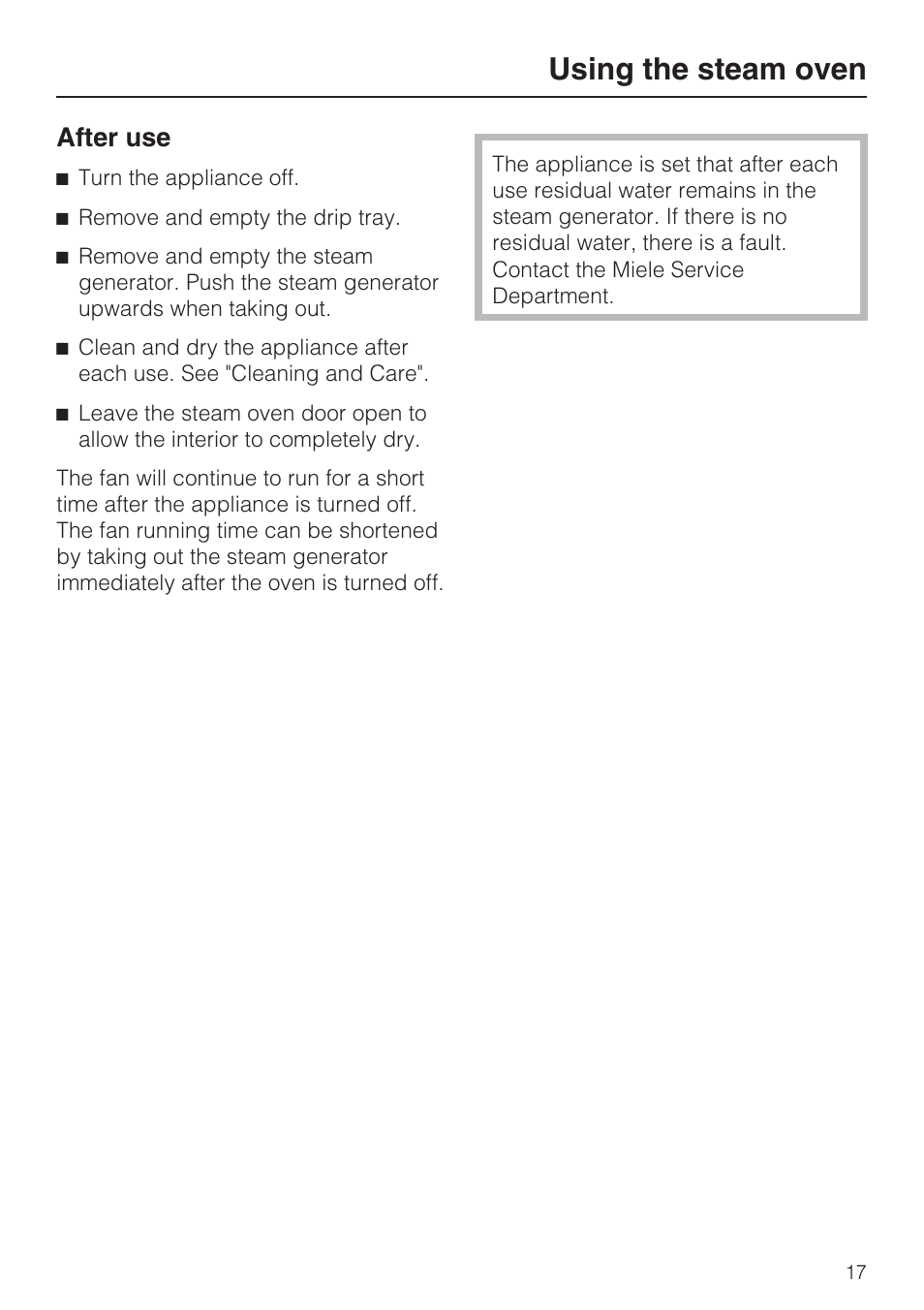 After use 17, Using the steam oven, After use | Miele DG 4088 User Manual | Page 17 / 56