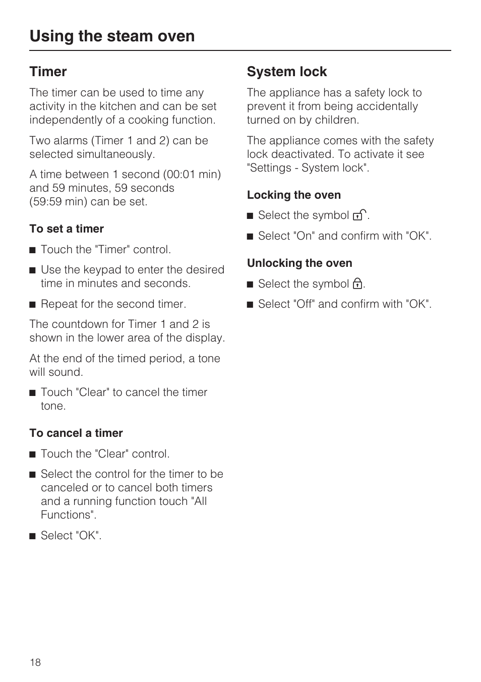 System lock 18, Using the steam oven, Timer | System lock | Miele DG 4088 User Manual | Page 18 / 56