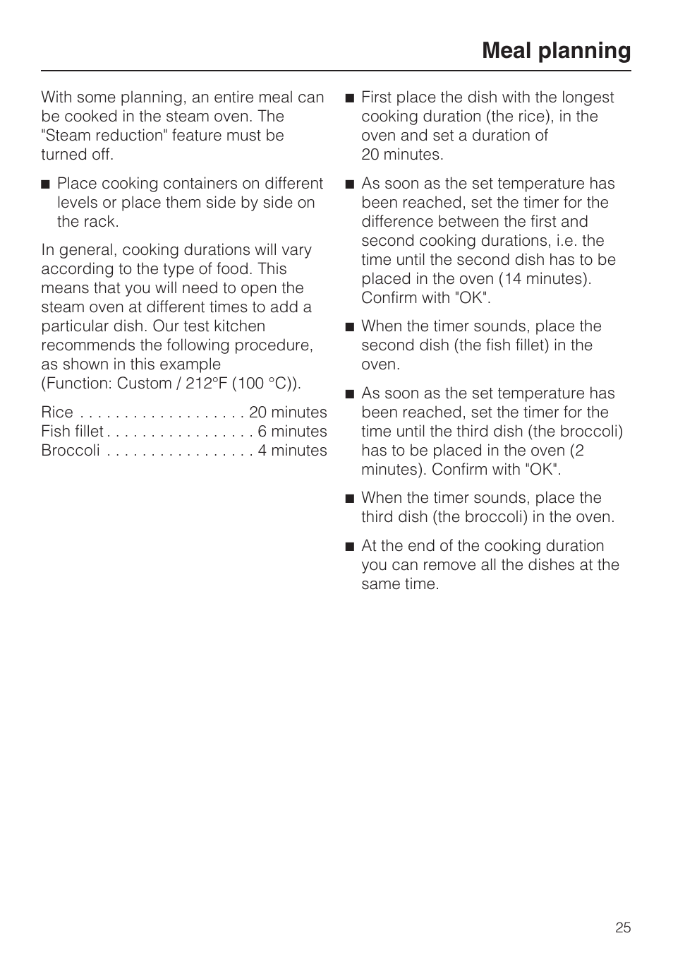 Meal planning 25, Meal planning | Miele DG 4088 User Manual | Page 25 / 56