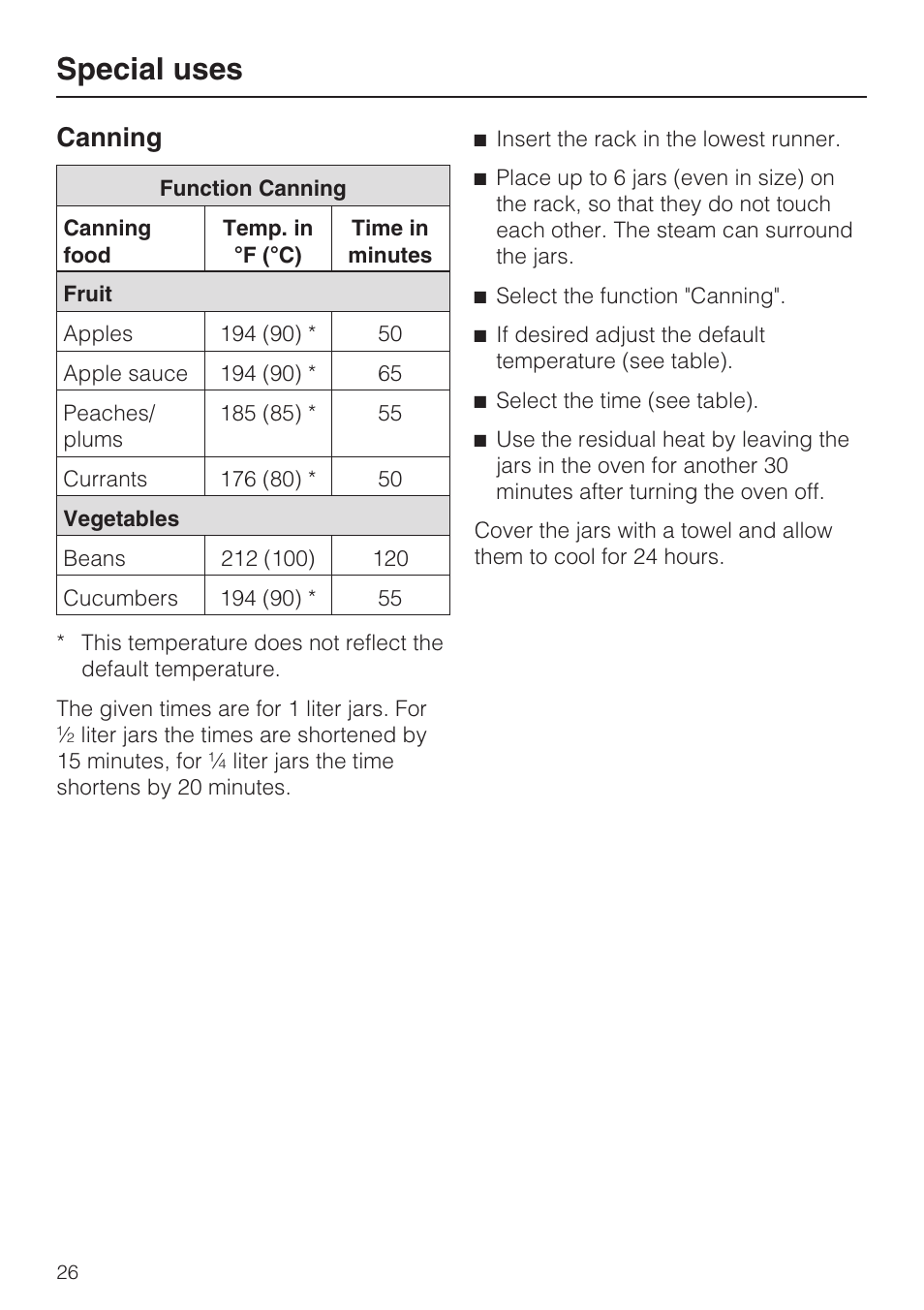 Special uses 26, Canning 26, Special uses | Canning | Miele DG 4088 User Manual | Page 26 / 56