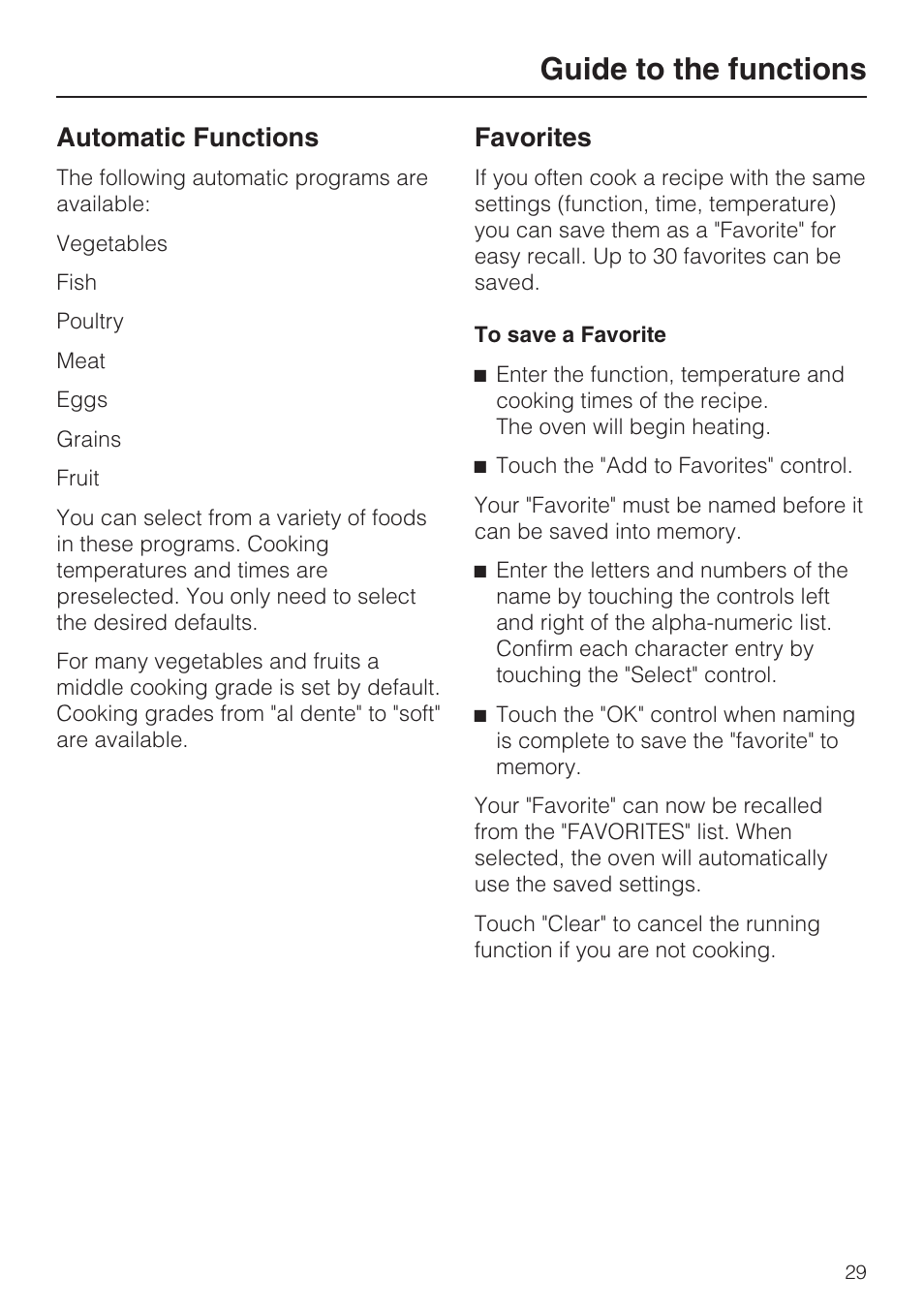 Guide to the functions 29, Automatic functions 29, Favorites 29 | Guide to the functions, Automatic functions, Favorites | Miele DG 4088 User Manual | Page 29 / 56