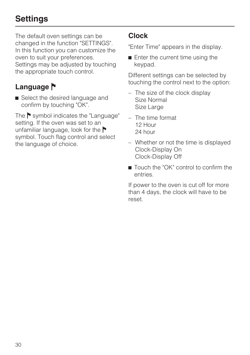 Settings 30, Language j 30, Clock 30 | Settings, Language j, Clock | Miele DG 4088 User Manual | Page 30 / 56