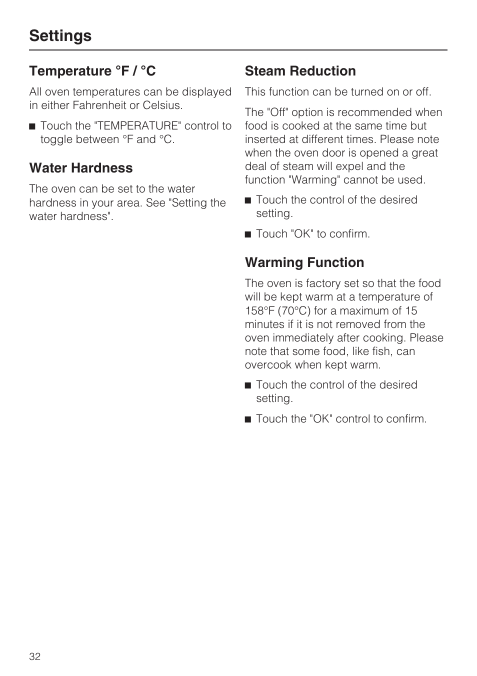 Temperature °f / °c 32, Water hardness 32, Steam reduction 32 | Warming function 32, Settings, Temperature °f / °c, Water hardness, Steam reduction, Warming function | Miele DG 4088 User Manual | Page 32 / 56