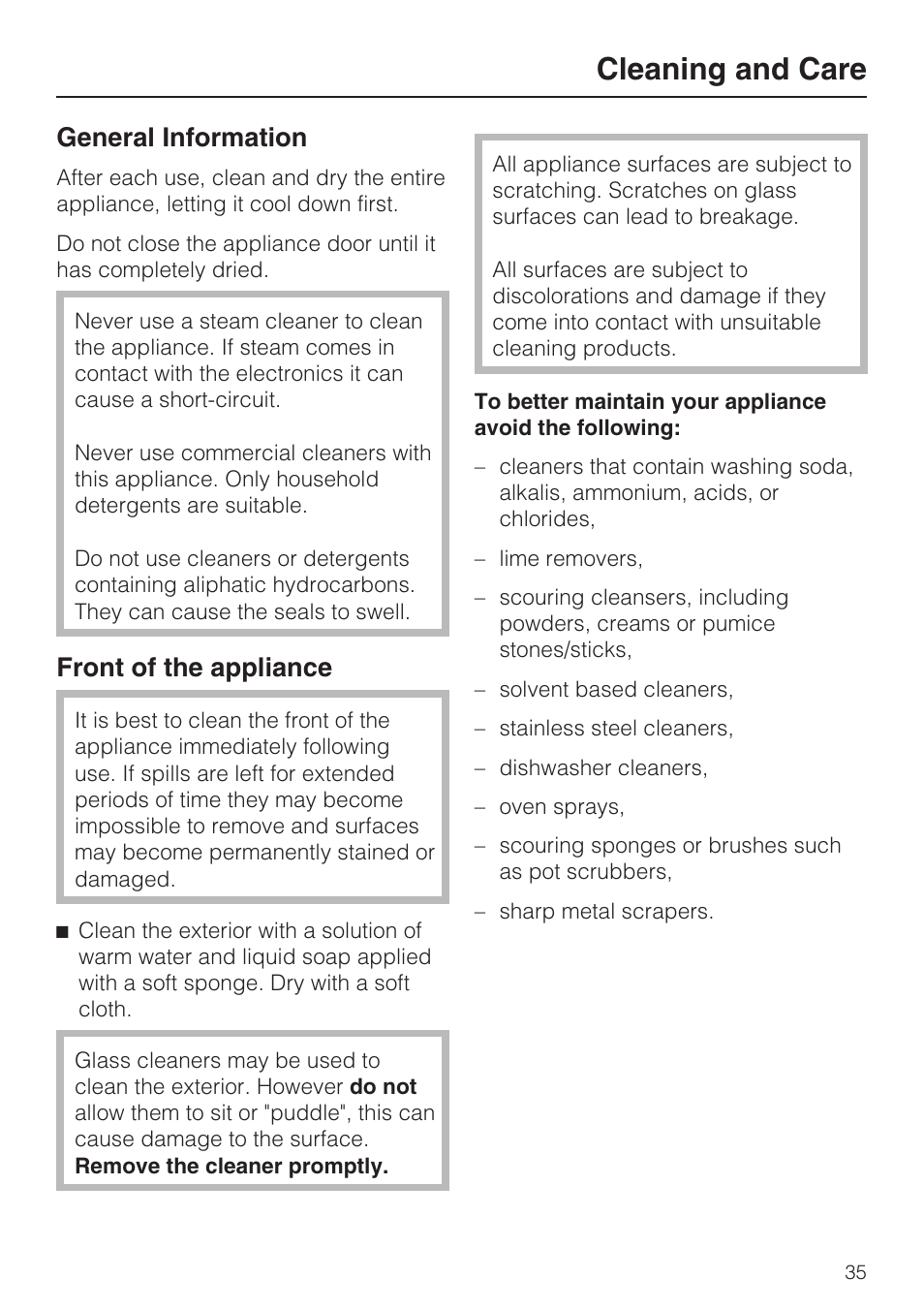 Cleaning and care 35, General information 35, Front of the appliance 35 | Cleaning and care, General information, Front of the appliance | Miele DG 4088 User Manual | Page 35 / 56