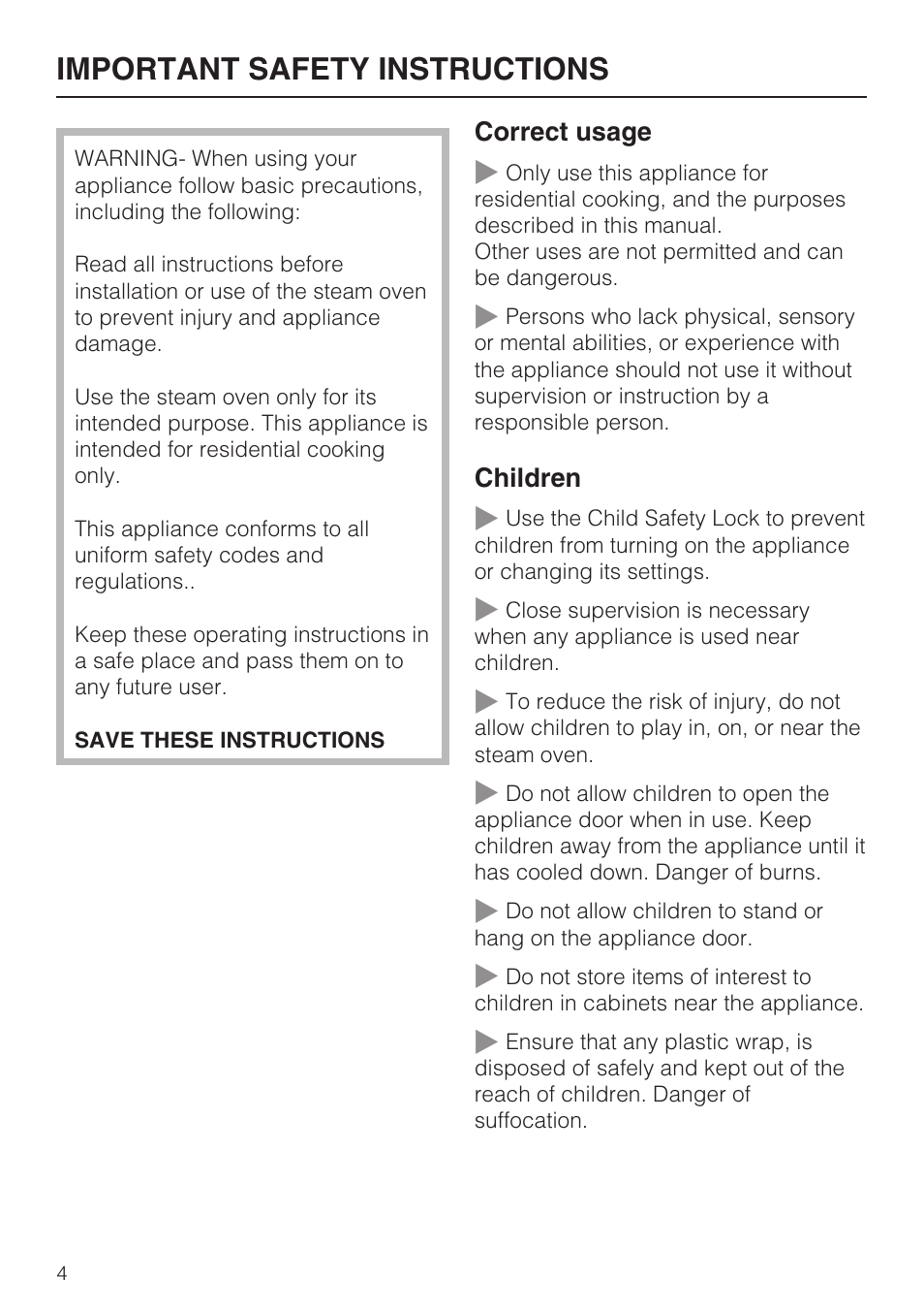 Important safety instructions 4, Important safety instructions | Miele DG 4088 User Manual | Page 4 / 56