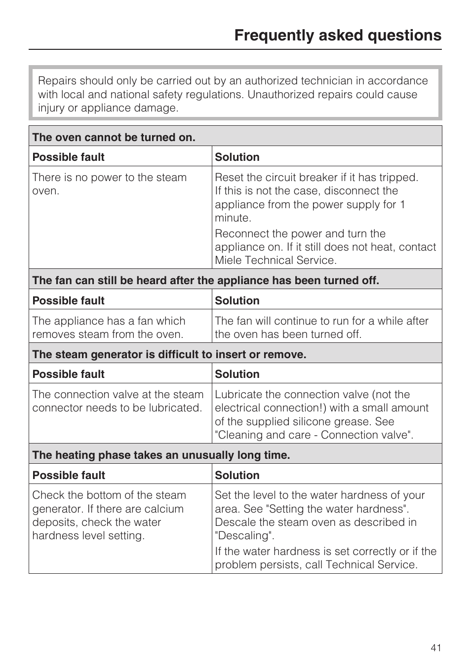 Frequently asked questions 41, Frequently asked questions | Miele DG 4088 User Manual | Page 41 / 56