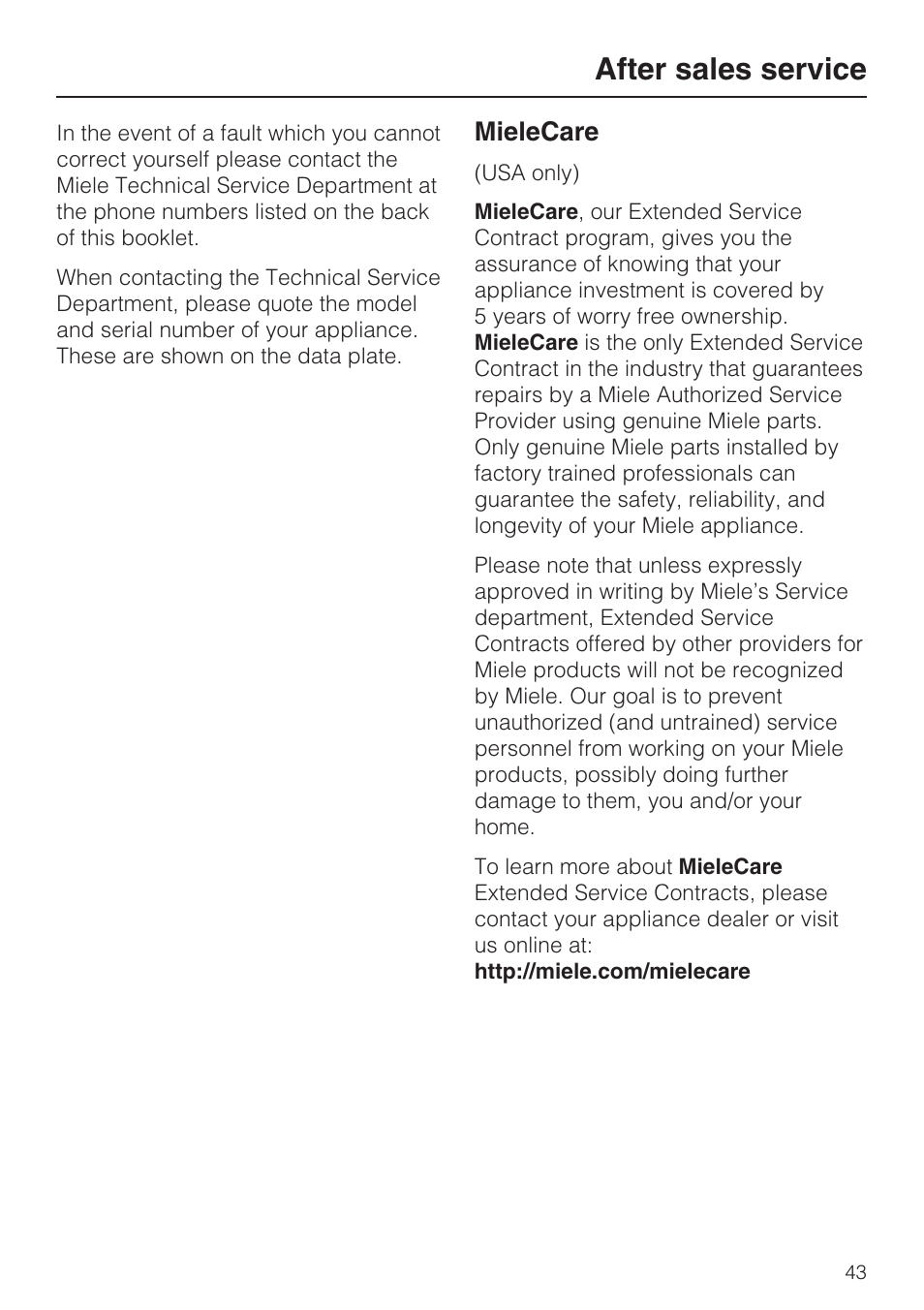 After sales service 43, After sales service, Mielecare | Miele DG 4088 User Manual | Page 43 / 56