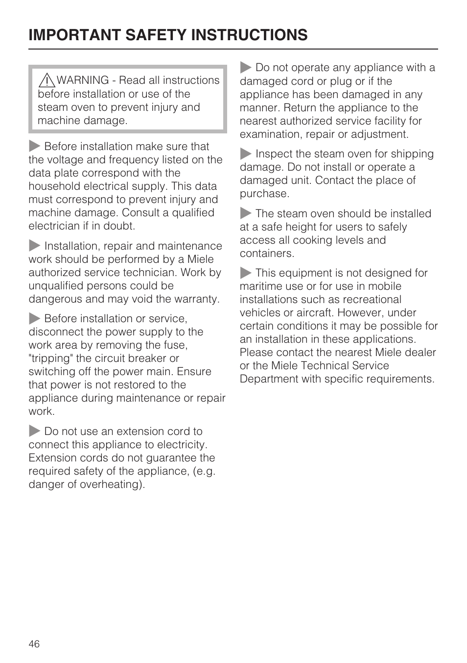 Important safety instructions 46, Important safety instructions | Miele DG 4088 User Manual | Page 46 / 56