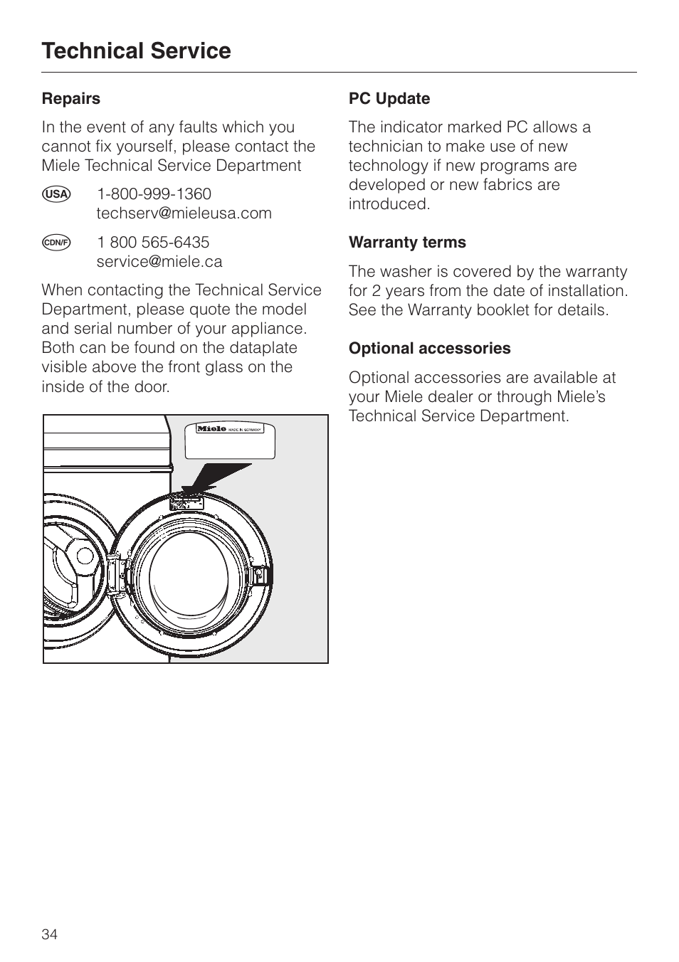Technical service 34, Repairs 34, Pc update 34 | Warranty terms 34, Optional accessories 34, Technical service | Miele SOFTTRONIC W 1113 User Manual | Page 38 / 56