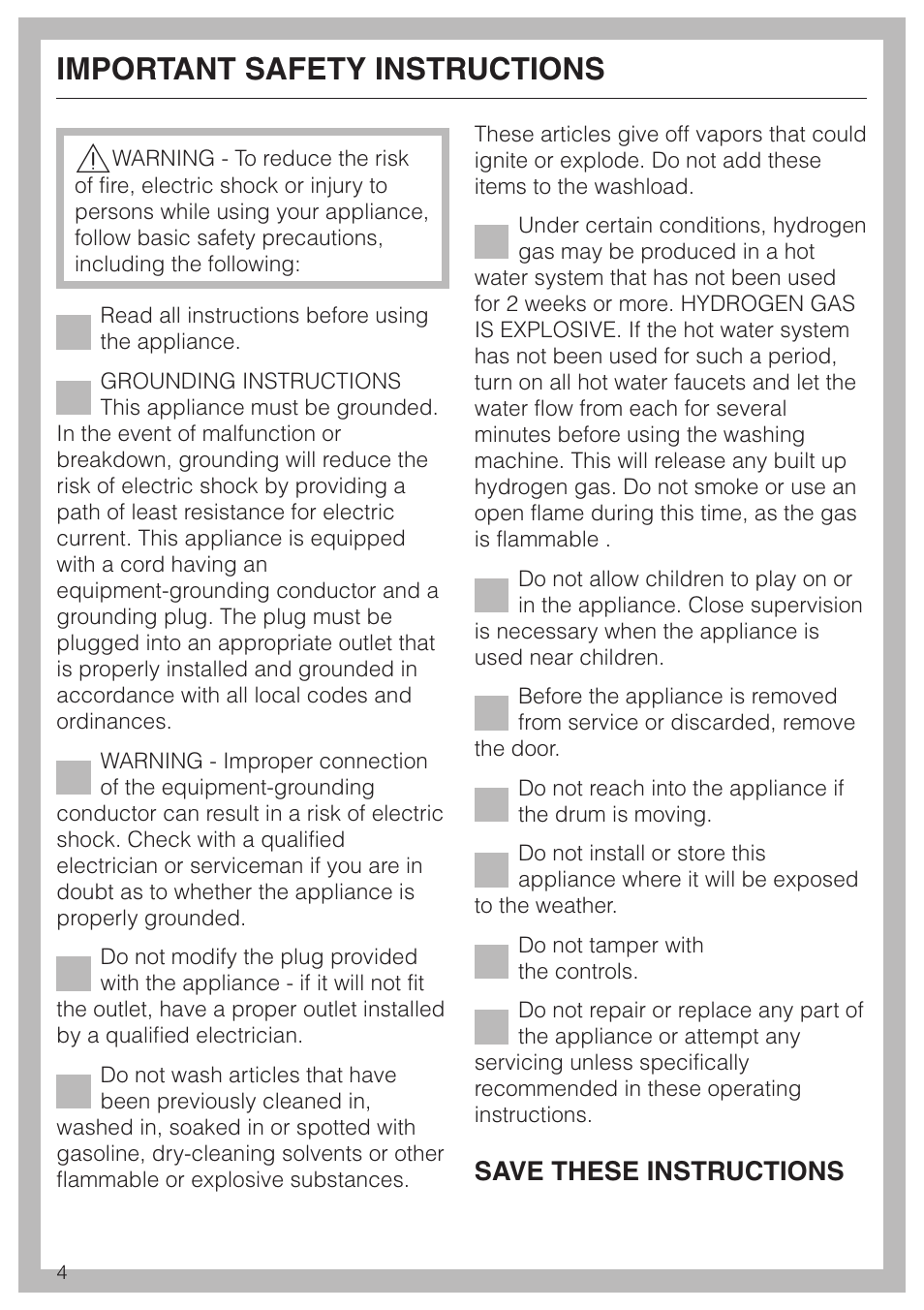 Important safety instructions 4, Important safety instructions, Save these instructions | Miele SOFTTRONIC W 1113 User Manual | Page 4 / 56
