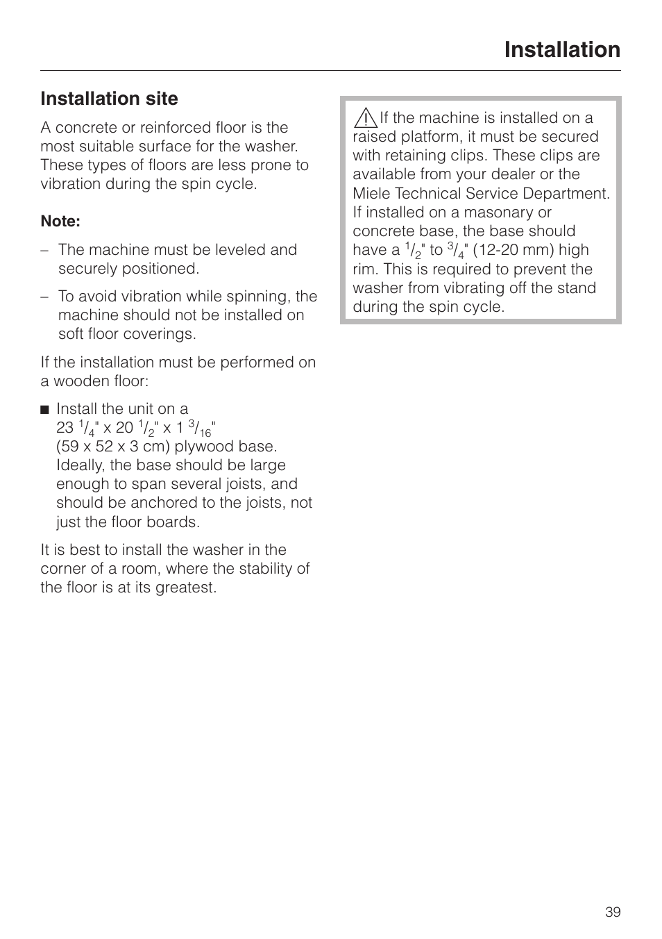 Installation site 39, Installation site, Installation | Miele SOFTTRONIC W 1113 User Manual | Page 43 / 56
