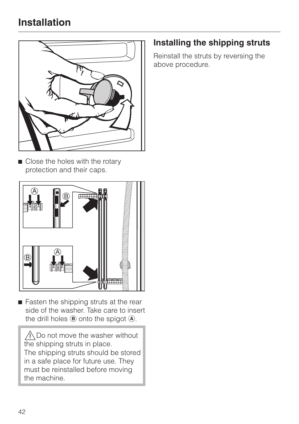 Installing the shipping struts 42, Installing the shipping struts, Installation | Miele SOFTTRONIC W 1113 User Manual | Page 46 / 56