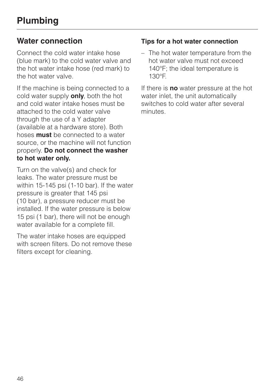 Water connection 46, Water connection, Plumbing | Miele SOFTTRONIC W 1113 User Manual | Page 50 / 56