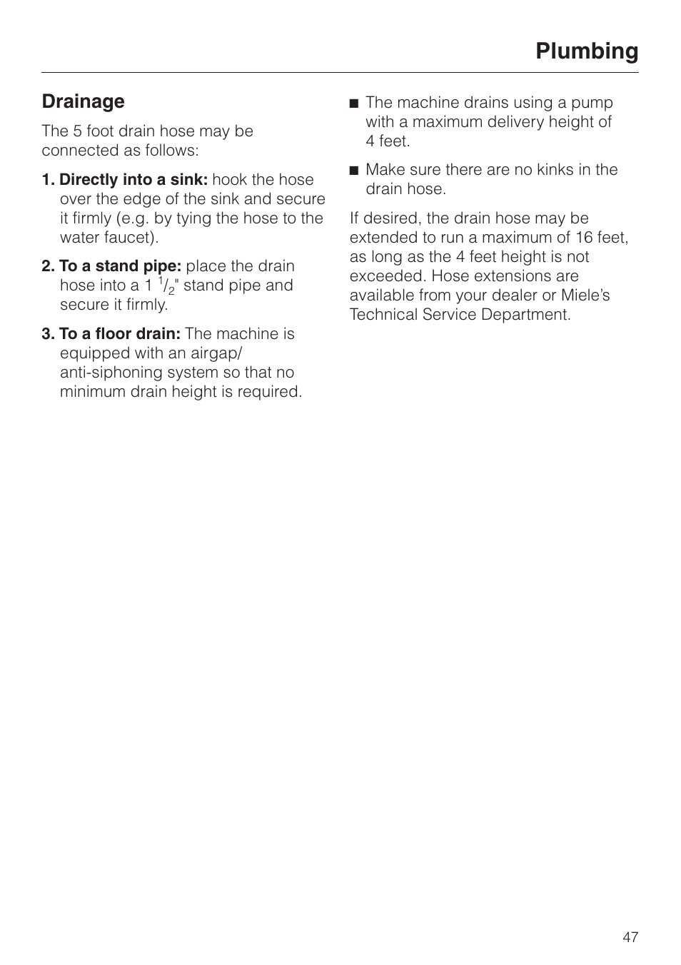 Drainage 47, Drainage, Plumbing | Miele SOFTTRONIC W 1113 User Manual | Page 51 / 56