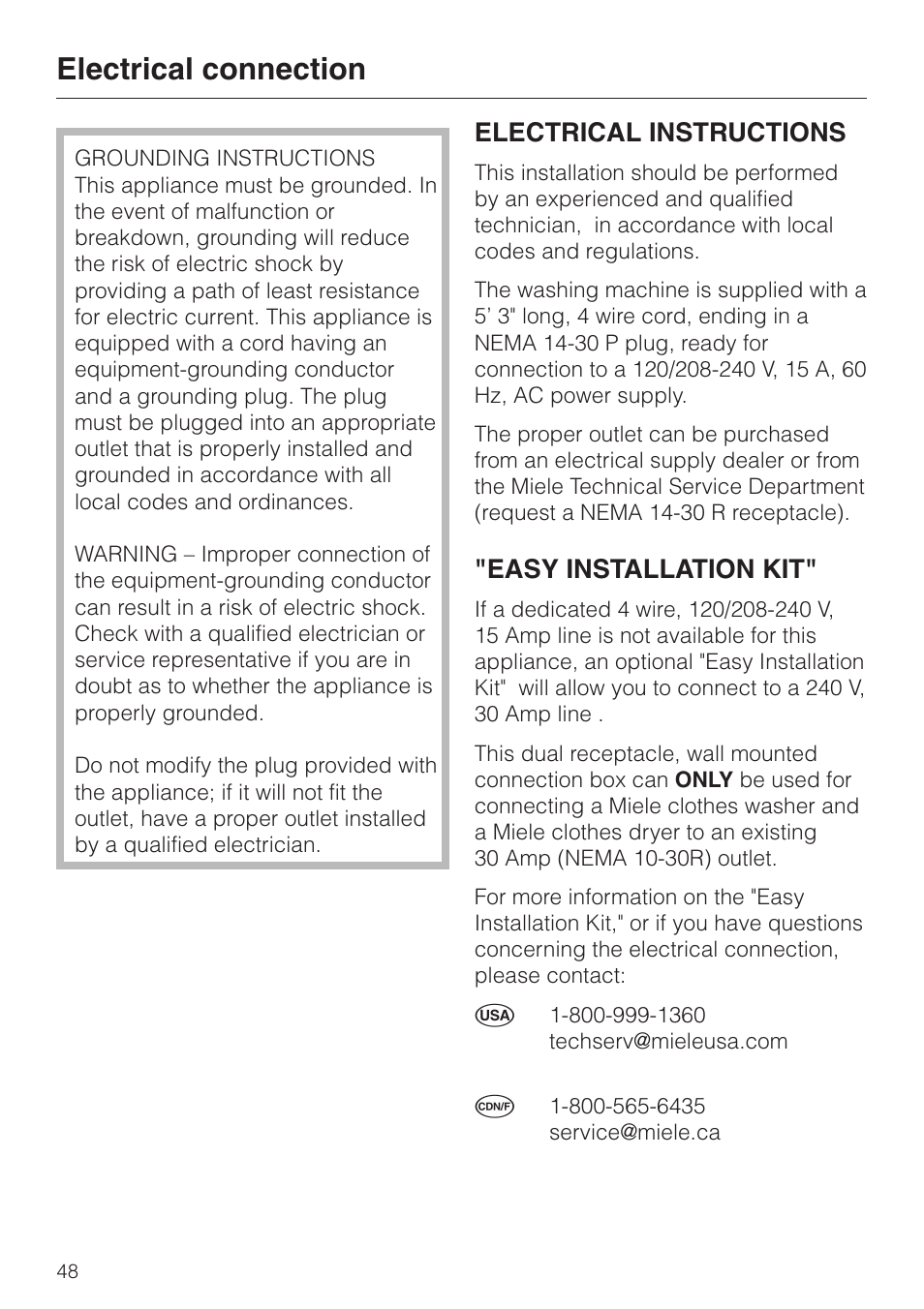 Electrical connection 48, Electrical connection, Electrical instructions | Easy installation kit | Miele SOFTTRONIC W 1113 User Manual | Page 52 / 56