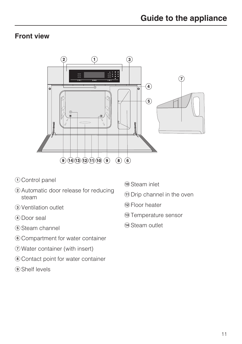 Guide to the appliance 11, Front view 11, Guide to the appliance | Front view | Miele DG 5080 User Manual | Page 11 / 64