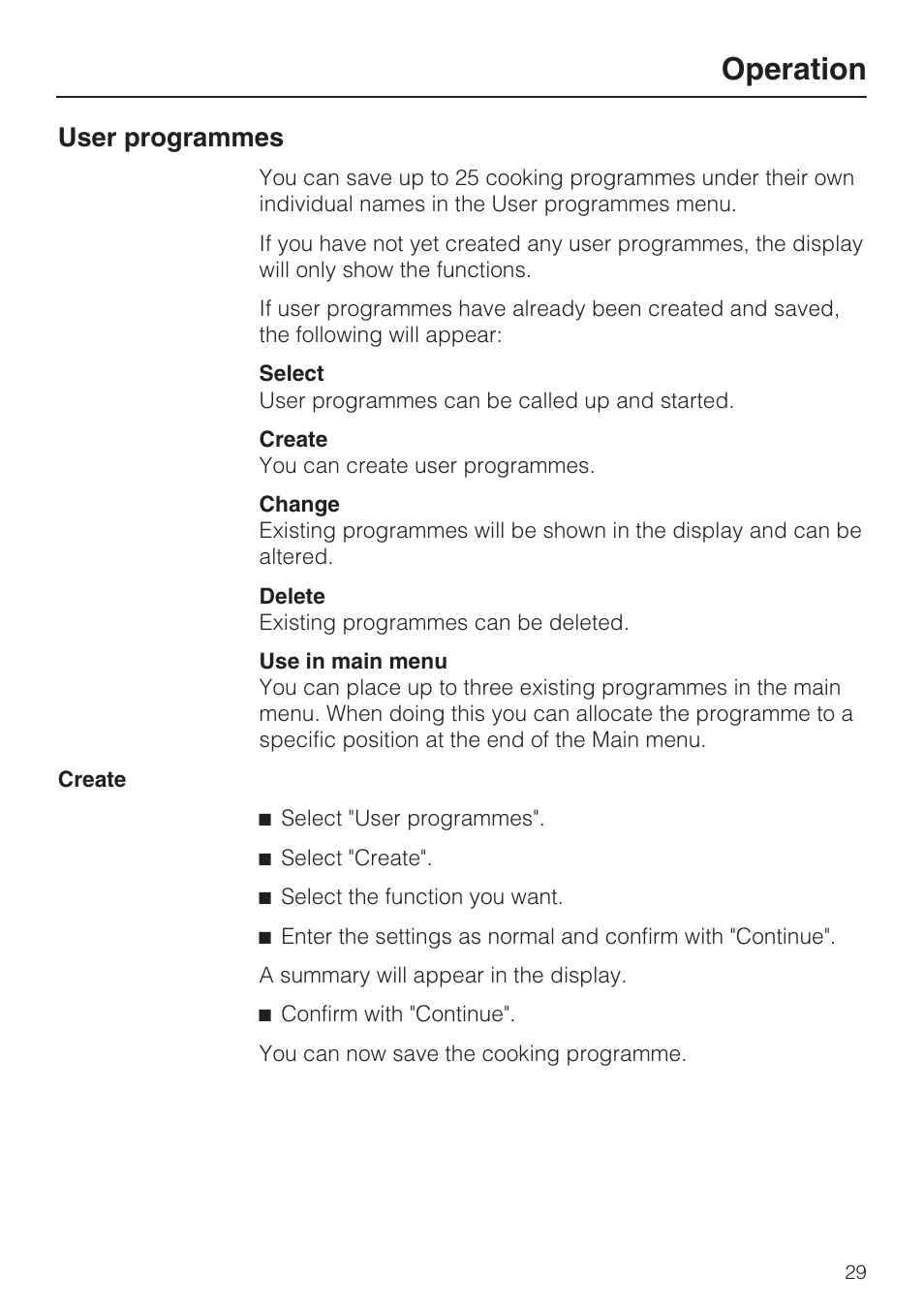 User programmes 29, Operation, User programmes | Miele DG 5080 User Manual | Page 29 / 64