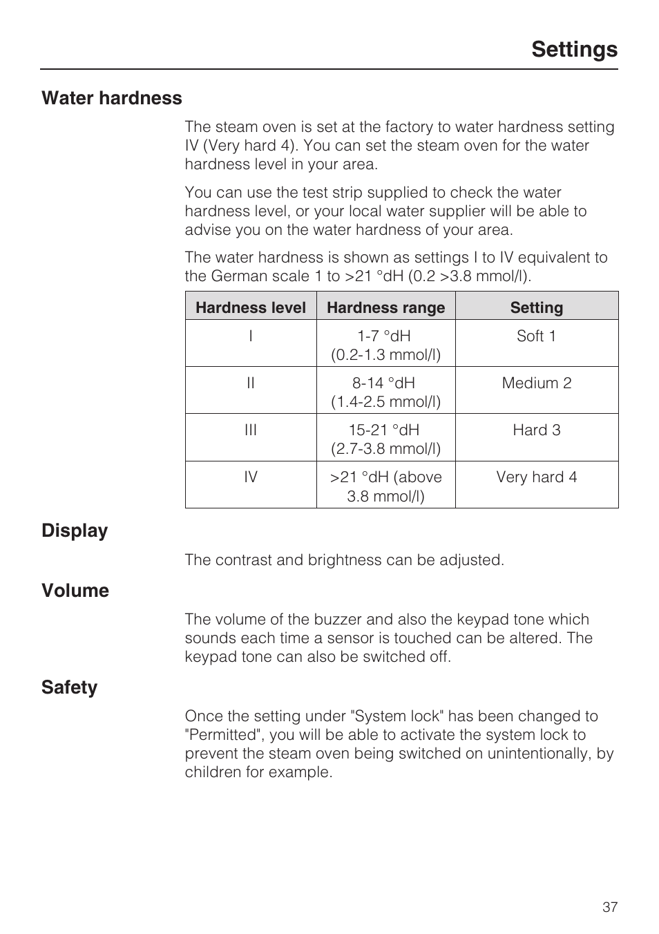 Water hardness 37, Display 37, Volume 37 | Safety 37, Settings, Water hardness, Display, Volume, Safety | Miele DG 5080 User Manual | Page 37 / 64