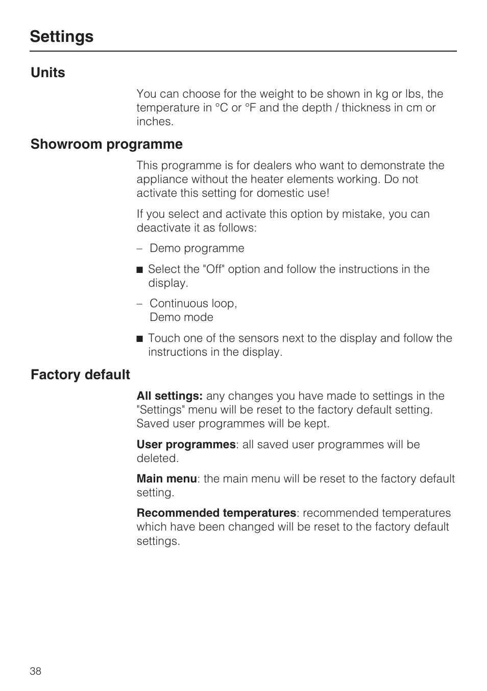 Units 38, Showroom programme 38, Factory default 38 | Settings, Units, Showroom programme, Factory default | Miele DG 5080 User Manual | Page 38 / 64