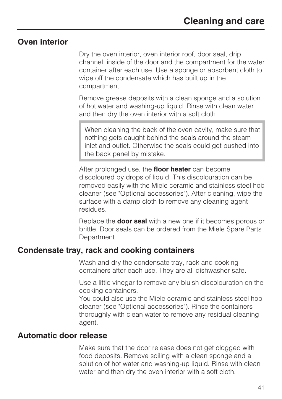 Oven interior 41, Condensate tray, rack and cooking containers 41, Automatic door release 41 | Cleaning and care | Miele DG 5080 User Manual | Page 41 / 64