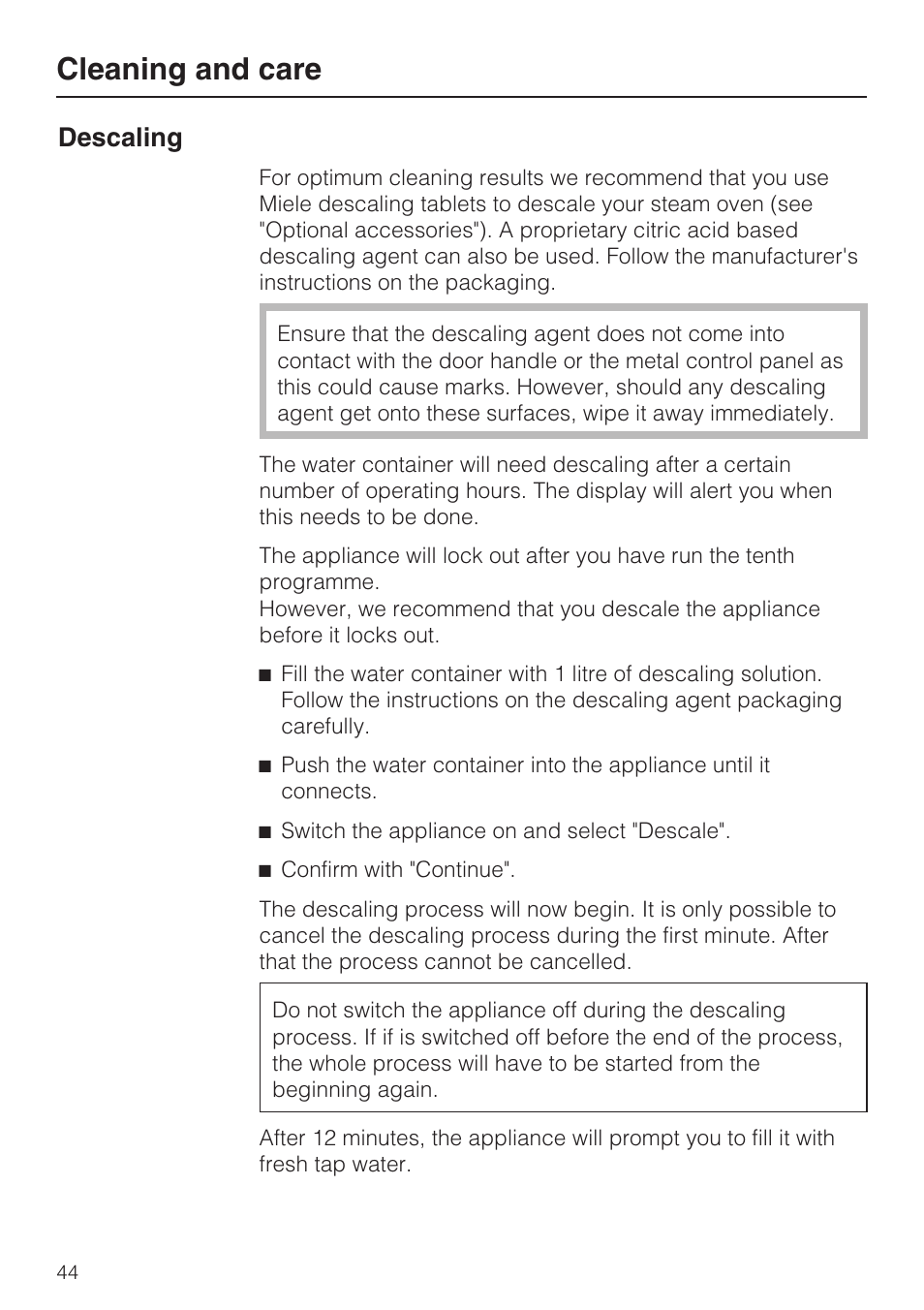 Descaling 44, Cleaning and care, Descaling | Miele DG 5080 User Manual | Page 44 / 64